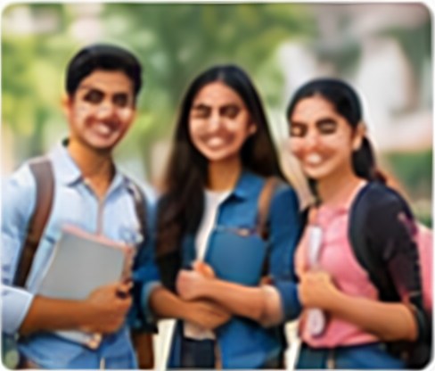 Three students smiling outdoors on campus